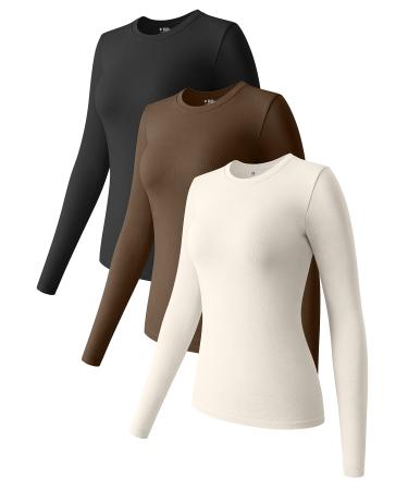 OQQ Womens 3 Piece Long Sleeve Tops Crew Neck Stretch Fitted Underscrubs Layer Tee Shirts Tops Black Coffee Beige Small