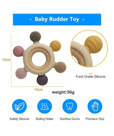 Arudyo Silicone Rudder Teether with Wooden Ring for Babies - BPA Free, Soothing Teething Toy (Khaki) - Buy Online on SooperMarket.com