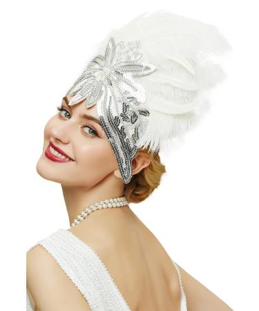 BABEYOND Carnival Feather Headpiece Showgirl Headband Women's Feather Pageant Headband 1920s Flapper Headband White