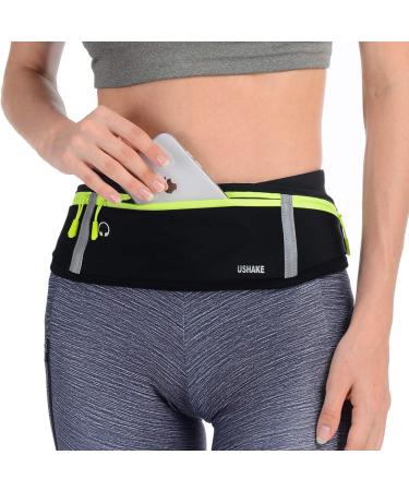 USHAKE Slim Running Belt Workout Fanny Pack for Men Women Exercise Waist Pack for Apple iPhone Holder Runner Belt for Running Walking Cycling Camping Gym black/3 yellow zippers