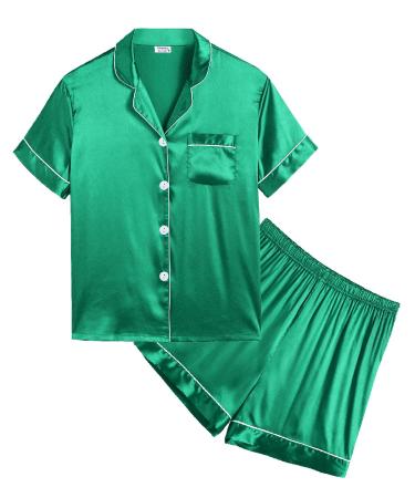 SWOMOG Kids Silk Pyjamas Girls Boys Short Sleeve Satin PJs Sets Button-Down Silky Nightwear Children Sleepwear Teens Age 4-16 12-13 Years Emerald Green