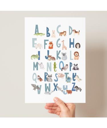 Scandi Animal Alphabet Children's Educational Print Boho Animal Alphabet Poster Peg Animal Alphabet Woodland Safari Animal Alphabet (A3 Blues) A3 Blues