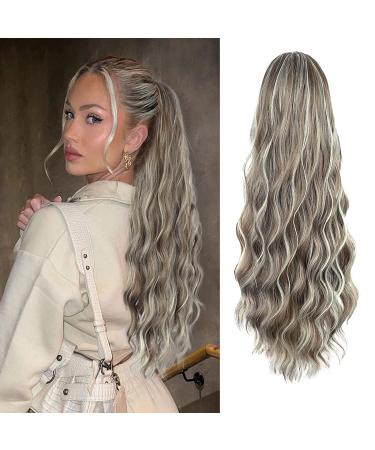 YEESHEDO Long Wavy Ponytail Hair Extension for Women Drawstring Ponytail Hair Extensions Clip in Curly Synthetic Hairpiece Ash Brown with Blonde Highlights 26 Inches Ash Blonde with Platinum Highlights