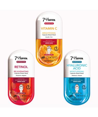 7th Heaven Nutriactive Skincare - 3 Face Sheet Masks - Hyaluronic Acid Vitamin C and Retinol