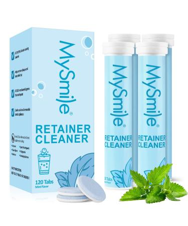 Mysmile Retainer Cleaner with Denture Cleaning Tablets 3 Min Faster Denture Cleaner Help to Remove Stains Bad Odor Plaque from Aligner Invisalign Mouth Guard Night Guard (120 Count (Mint Flavor))