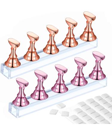 2 Set Acrylic Nail Practice Stand Magnetic Nail Tip Art Display Stand Holder Manicure Tool with Reusable Adhesive Putty Clay for Home Salon Makeup (Rose Golden and Metal Pink)