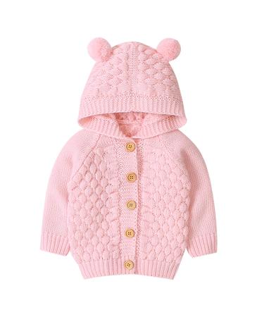 puseky Baby Boys Girls Knit Sweater Hooded Ears Warm Cardigan Coat Tops Jacket Outwear 12-18 Months Pink