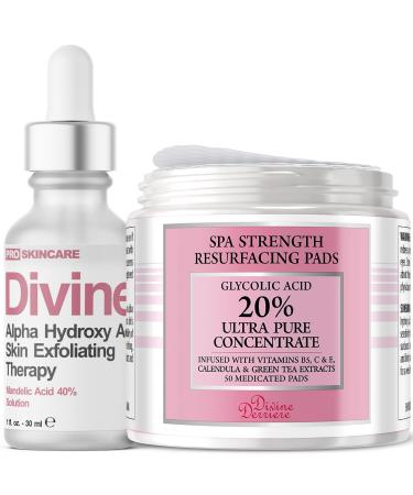 Divine Glow Kit | Glycolic Acid Resurfacing Pads 20% AHA + Mandelic Acid Peel Face Serum with 40% AHA (Professional Chemical Peel) Skin Care Set
