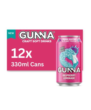 Gunna Fizzy Drinks Raspberry Pink Lemonade Cans Natural Vegan Sparkling Natural Soft Drink Real Raspberry and Lemon Flavour Immune Boosting Drink 330ml x 12 12 x 330ml