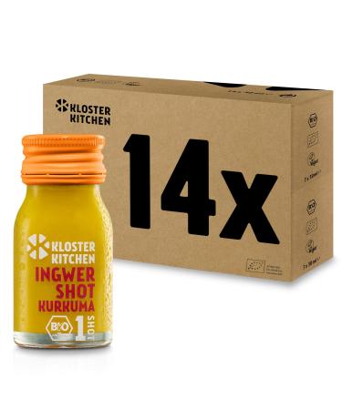 Monastery Kitchen Bio Ingwer Shot Kurkuma 1Shot 14x 30 ml with real ginger pieces I Ingwershot with turmeric vegan in the to go bottle I sweet and sharp without additives & with natural sweet 30 ml (14 Pack)