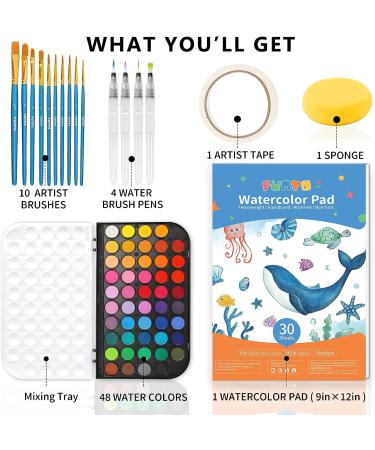 Funto Watercolor Set - 48 Color Paint with Brushes, Water Brush Pens, Pad, Tape, Sponge, Palette - Painting Kit for Kids, Adults, Beginners - Buy Online on SooperMarket.com
