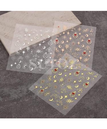 Diduikalor Sun Star Nail Stickers - 3D Self-Adhesive Heart Decals for Manicure Decor - Rose Gold Silver Design - Pack of 3 Sheets - Buy Online on SooperMarket.com