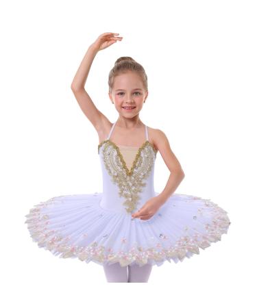 AFAVOM Ballet Leotards for Girls with Platter Tutu Professional Hard Organdy Camisole Skirt Swan Lake Feather Hem Dancewear White 7-8 Years