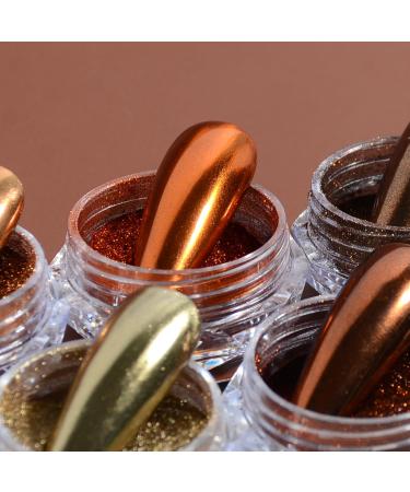 Chrome Nail Powder Set - 6 Metallic Brown Colors for Mirror Effect Manicure | Glitter Dust & Sponge Applicators - Buy Online on SooperMarket.com