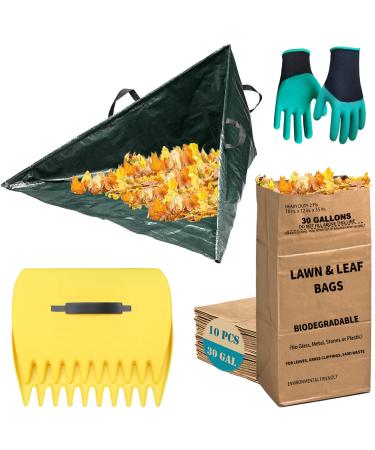 LeafSky Leaf Collector Tripod Bag and Lawn Leaf bag Kit with leaf scoops Gloves | 10 Count 30 Gallon 2-Ply Heavy Duty Self Standing Kraft Paper Bags Yard Waste Bag for Grass Clippings Wet Dry Leaves