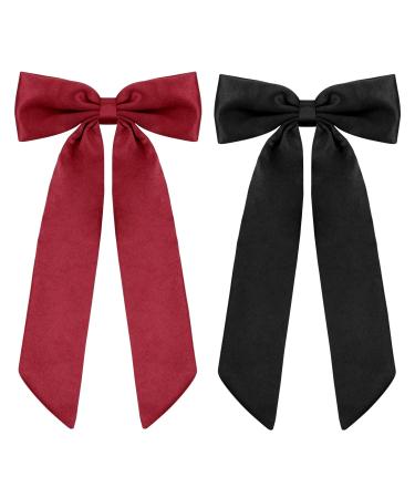 WLLHYF 2 PCS Big Bow Hair Clips Soft Bowknot Hair Pins French Long Tail Hair Barrettes Ponytail Holder Slides Metal Headpieces Vintage Headwear Party Wedding Hair Accessories for Women Girls black+red
