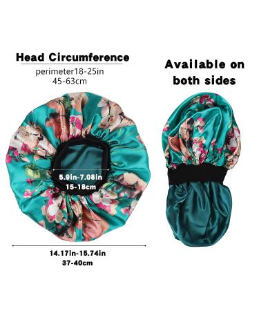 Satin Silk Double Layer Green Flower Hair Bonnet for Black Women - Large Silky Lined Sleep Cap for Curly Hair - Wide Band Strap - 1 Pc - Buy Online on SooperMarket.com