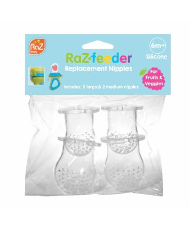 RaZbaby Feeder Pacifier Replacement Nipples (2 Large & 2 Medium) for Fruits & Vegetables Infant Soothing Teether Toy 6M+ Food-Grade Silicone Pouch/Nipple Dishwasher Safe BPA Free Freezable 4 Pack 4-Pack Replacement