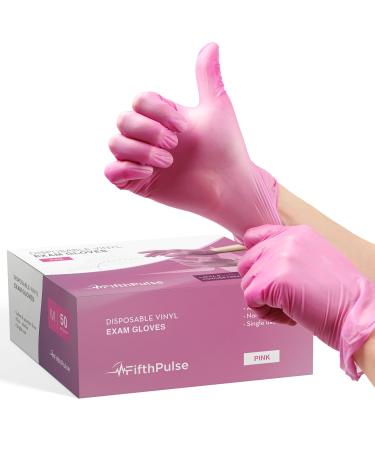 Pink Vinyl Disposable Gloves Medium 50 Pack - Latex Free, Powder Free Medical Exam Gloves - Surgical, Home, Cleaning, and Food Gloves - 3 Mil Thickness Medium (Pack of 50) Pink