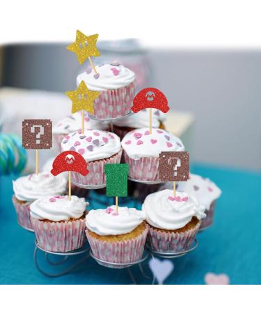 MonMon & Craft Mario Cupcake Toppers - Girls Boys Children Birthday Cupcake Toppers - Video Game Dessert Decor - Baby Shower Birthday Party Decorations Glitter - 24 Pcs - Buy Online on SooperMarket.com