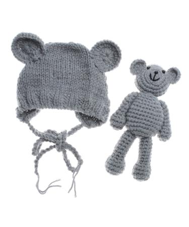 ECYC Newborn Baby Bear Hat Beanie with Bear Dolls Photography Accessories Grey