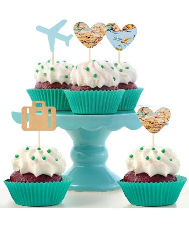 36 Pieces Travel Themed Cupcake Toppers Set Airplane Cupcake Toppers Map Heart Cake Toppers for Travel Themed Baby Shower Party Decorations (Blue and Brown) - Buy Online on SooperMarket.com