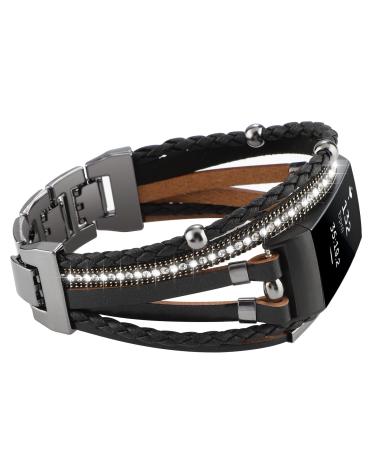 Posh Leather Band Compatible with Fitbit Charge 4 Charge 3 Bands, Women Boho Bracelets Wristbands Jewelry Multilayer Wrap Strap Band Replacement for Charge 4/ Charge 3/ 3SE Accessories Black Black