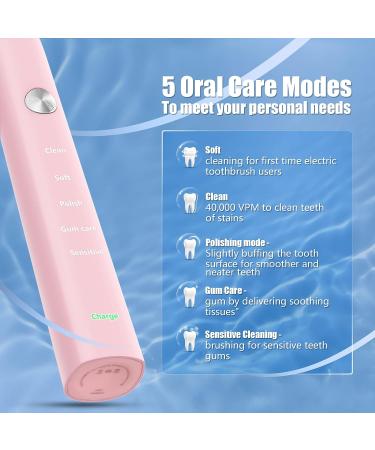 Power Sonic Electric Toothbrush with 6 Brush Heads | 5 Modes, 40,000 VPM Motor | Wireless Quick Charge | Rechargeable Toothbrush for Adults | Travel-Friendly (Pink) - Buy Online on SooperMarket.com