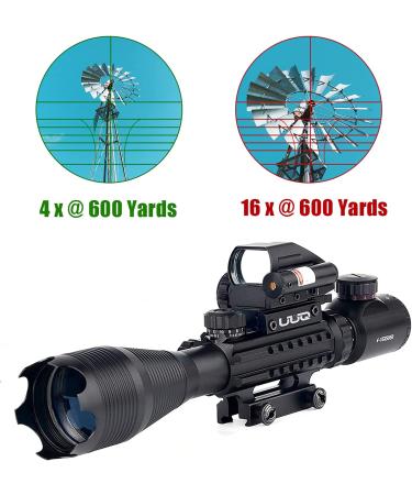 UUQ 4-16x50 Tactical Rifle Scope with Red/Green Illuminated Range Finder Reticle, Laser Sight, and Holographic Reflex Dot - Red Laser - Buy Online on SooperMarket.com