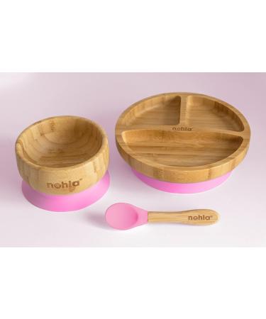Nohla Bamboo Baby & Toddler Suction Plate Bowl Set with Silicone Spoon - Eco-Friendly BPA-Free Weaning Kit for Secure Grip on Smooth Surfaces - Pink - Buy Online on SooperMarket.com