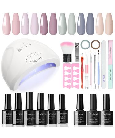 Maykawe Gel Nail Polish Set with 48W Nail Lamp Starter Kit 6 Colors Nude Gray Pink Purple Gel Nail Polishes Base Top Coat Manicure Tools Accessories Shellac Nail Art Kit for Beginners Home Salon Starter kit 002