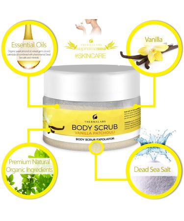 Organic Vanilla Patchouli Body Scrub Exfoliator | Deep Cleanse Soft Skin & Acne Treatment | Ideal for Self Tanning - Buy Online on SooperMarket.com