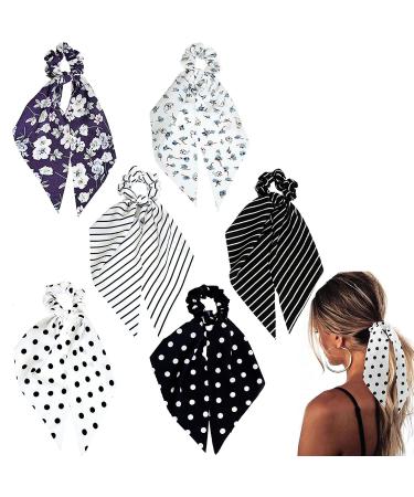 Funlovin Black White Scarf Scrunchie Hair Ribbon Ties with Tails Chiffon Elegant Classic Long Ponytail Scrunchies Scarves Stripped Dot Floral Bandana Scrunchy Accessories for Women Lady (6pcs) Classic Black White 6 pcs