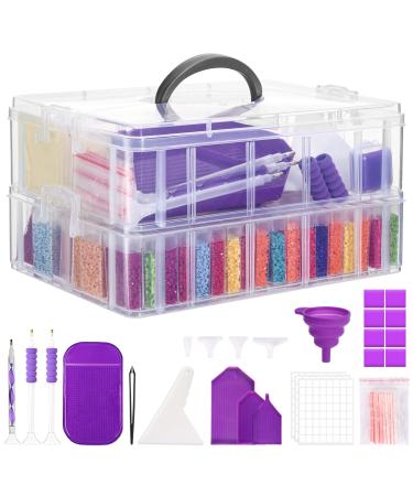 Quefe 2-Tier Diamond Painting Storage Container, 88 Slots Clear Stackable Bead Organzier with Diamond Painting Accessories and Tools for DIY Diamond Art Craft Jewelry Bead Storage