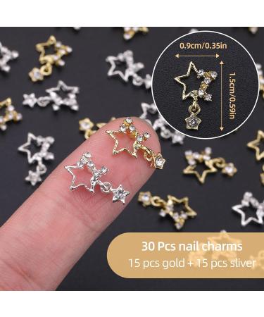 Lusofie 30Pcs 3D Star Rhinestone Nail Charms - Silver & Gold Alloy Star Gems for Nail Designs - DIY Nail Accessories - Buy Online on SooperMarket.com
