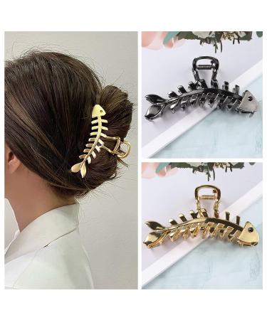 2 Pcs Large Fish Bone Hair Clips - Non-slip Metal Hair Claw Clips in Black and Gold for Thick or Thin Hair - Geometric French Hair Grip Accessories for Women - Buy Online on SooperMarket.com