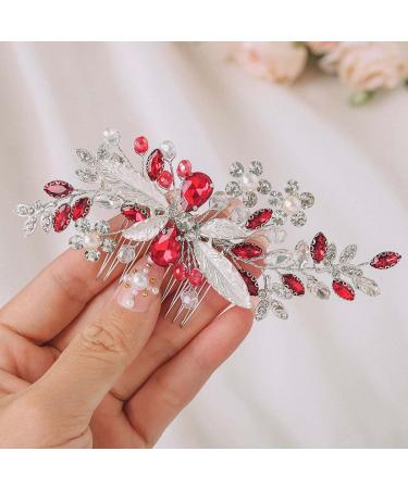 IYOU Bridal Wedding Hair Comb Red Crystal Hair Accessories Rhinestone Flower Headpiece Bride Bridesmaid Hair Pieces for Women