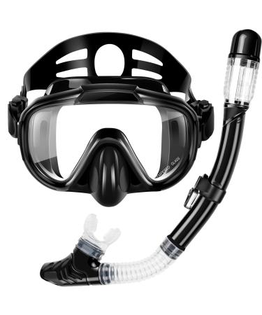 Snorkel Set, Zipoute Snorkel Dry Top Snorkeling Gear for Adults, Panoramic Anti-Leak and Anti-Fog Tempered Glass Lens, Adults Adjustable Snorkeling Set, Scuba Diving Swimming Training Snorkel Kit Black