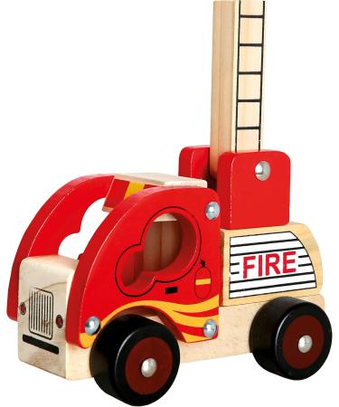 Bino Holzauto Feuerwehr - Wooden Fire Truck Toy for Kids 12 Months+ | Fold-Out Ladder PVC Tires Promotes Hand/Eye Coordination - 17x12x9 cm Red - Buy Online on SooperMarket.com
