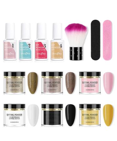 Roseflower Dipping Powder Nails Kit 6 Colors Nude Dip Nails Powder Starter Kit with Base Coat Top Coat Staubinel Nail Fee - Diy Salon Manikure at home - BLASSING GLING SHING LAITS SHIPLES for 3 weeks