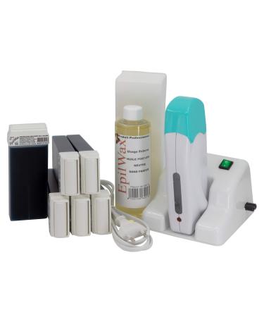 Epilwax Complete Hair Removal Waxing Kit with Modular Base - Includes 6 Azulene Wax Roll-on Cartridges Roll On Wax Heater 100 Strips and Waxing Oil
