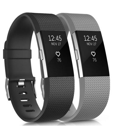 Tobfit for Fitbit Charge 2 bracelet replacement silicone sports and fitness bracelets for Fitbit Charge 2 (no clock) classic 2-pack black+gray l