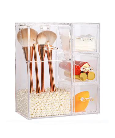 HOSEN Clear Acrylic Makeup Brush Holder Makeup organizer, Dust-proof Cosmetic Storage Case Makeup Pencil Organizer Cosmetic Display Tray with 3 Drawers with White Pearls Beige