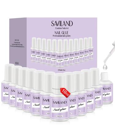 Saviland 12PCS/10ML Super Strong Nail Glue Set - 120ML Nail Bond Brush On Nail Glue Gel for Nail Tips Press on Nails Fake Nails  Long Lasting Professional Gel Nail Glue for Nail Repair Broken Nails D-12PCS Nail Glue Set