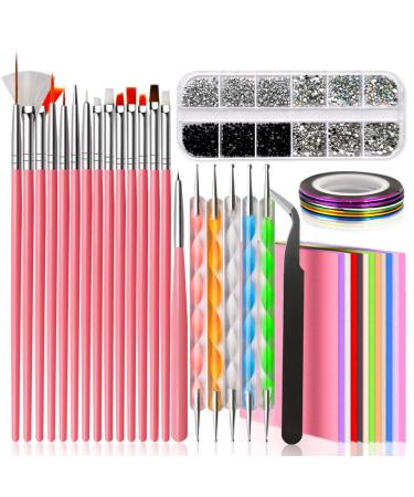 Nail Design Kit for Acrylic Nails Decoration with Nail Art Brushes, Dotting Tool, Nail Tape Strips, Foil Flake Sticker, Crystal Nail Rhinestones and Tweezers Nail Accessories for Nail Technician
