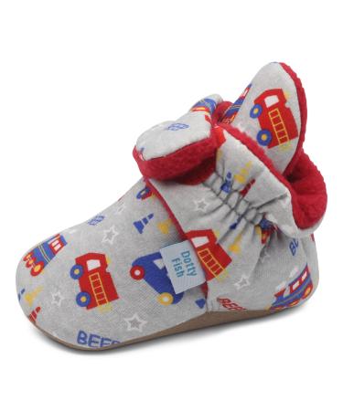 Dotty Fish Cotton Baby Booties with Suede Sole. Warm Fleece Lining. Non-Slip Pram Shoes. Stay On Slippers. From 0-18 months. Boys Girls Unisex. Winter First Shoes. 0-6 Months Grey With Trains and Cars