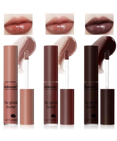 3 Colors Lip Butter Gloss Hydrating Lip Glow Oil Lip Glaze Brown Sugar Nourishing Lip Tinted Gloss Lip Care Non-Sticky Long Lasting Lip Plumper Gloss Makeup (4+11+13)