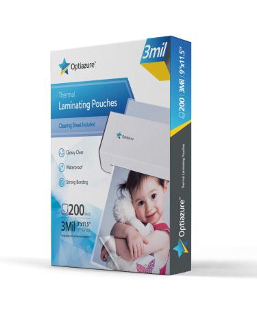 Optiazure Thermal Laminating Pouches 9"x11.5" Inches, 3mil 200Pack, Laminated Paper, Clear, Letter Size 3mil 200PK