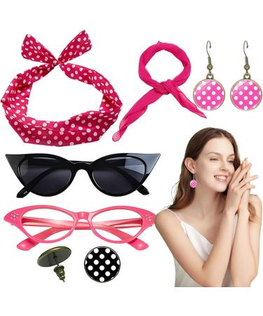 50s Accessories for Women | Headband Drop Earrings Set for 1950s Outfits Print Dangle Earrings with Vintage Hair Bands Chiffon Scarf Cat Eye Glasses Hot Pink One Size - Buy Online on SooperMarket.com