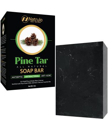 Natrulo All Natural Pine Tar Soap Bar 4oz Antibacterial Antiseptic Anti Acne Eczema Psoriasis Itch Relief Face & Body Wash Cleanser – Pure Goat’s Milk Soap with Oatmeal, Charcoal, Essential Oils